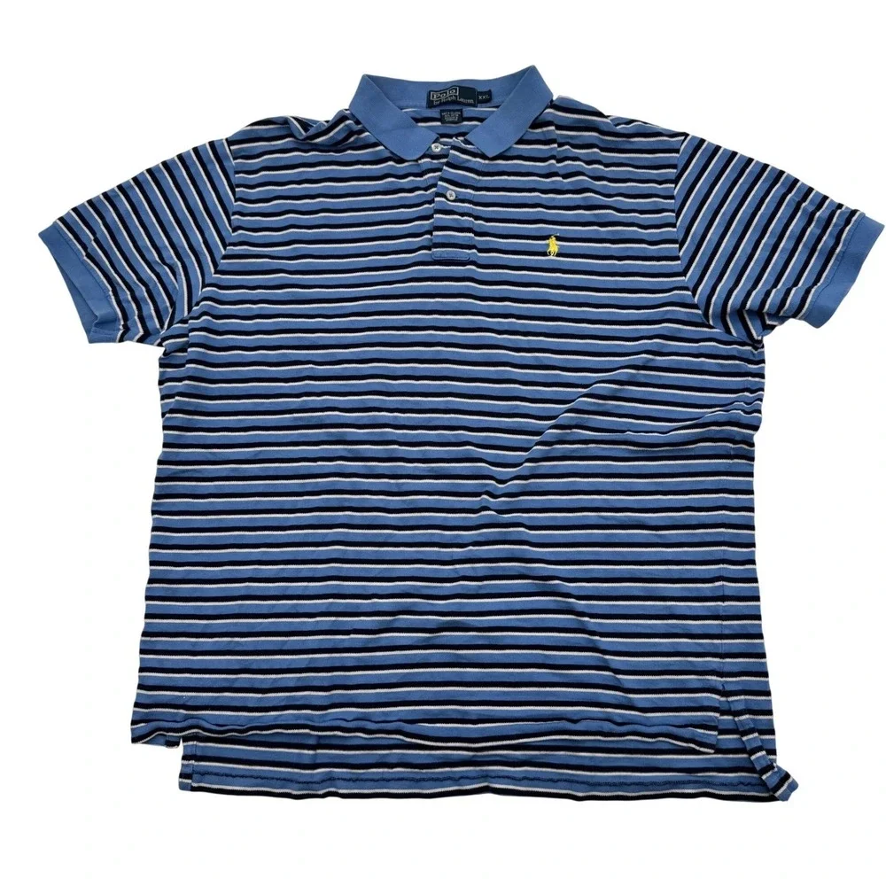 Polo Ralph Lauren Mens XXL Blue Striped Short‎ Sleeve Cotton Pique Polo Shirt